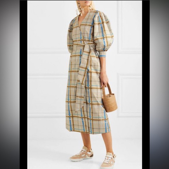 Ganni Dresses & Skirts - GANNI Checked Cotton-poplin Wrap Midi Dress Size 38 Medium 6
